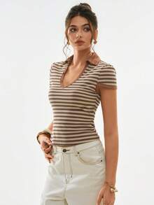 Poéselle 棕色条纹印花休闲修身女式短袖上衣 - 棕色 - 查看 5