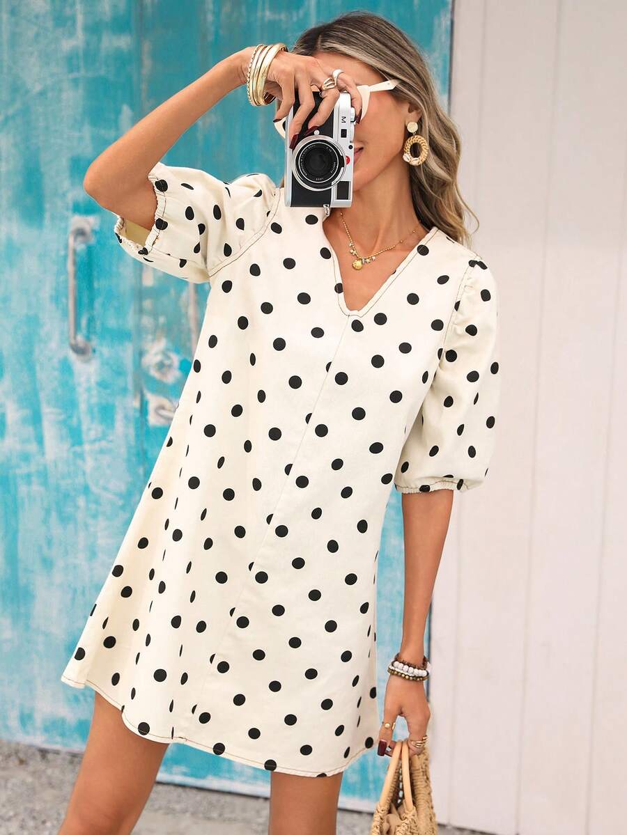 Vivid Eden Women's Polka Dot Print V-Neck Casual Short Sleeve Dress - White - View 1