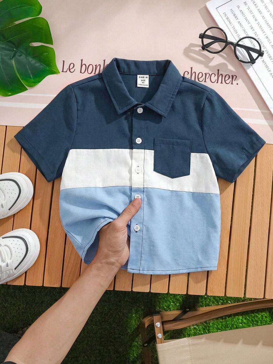 SHEIN 儿童夏季休闲舒适通勤风三色经典拼接翻领短袖衬衫,适合户外玩耍、上学、聚会、城市漫步 - 藍色 - 查看 1