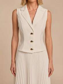 COSMINA 女士白色无袖西装背心套装，金属纽扣设计，搭配褶裥A字裙，简约通勤休闲度假装 - 白色 - 查看 5