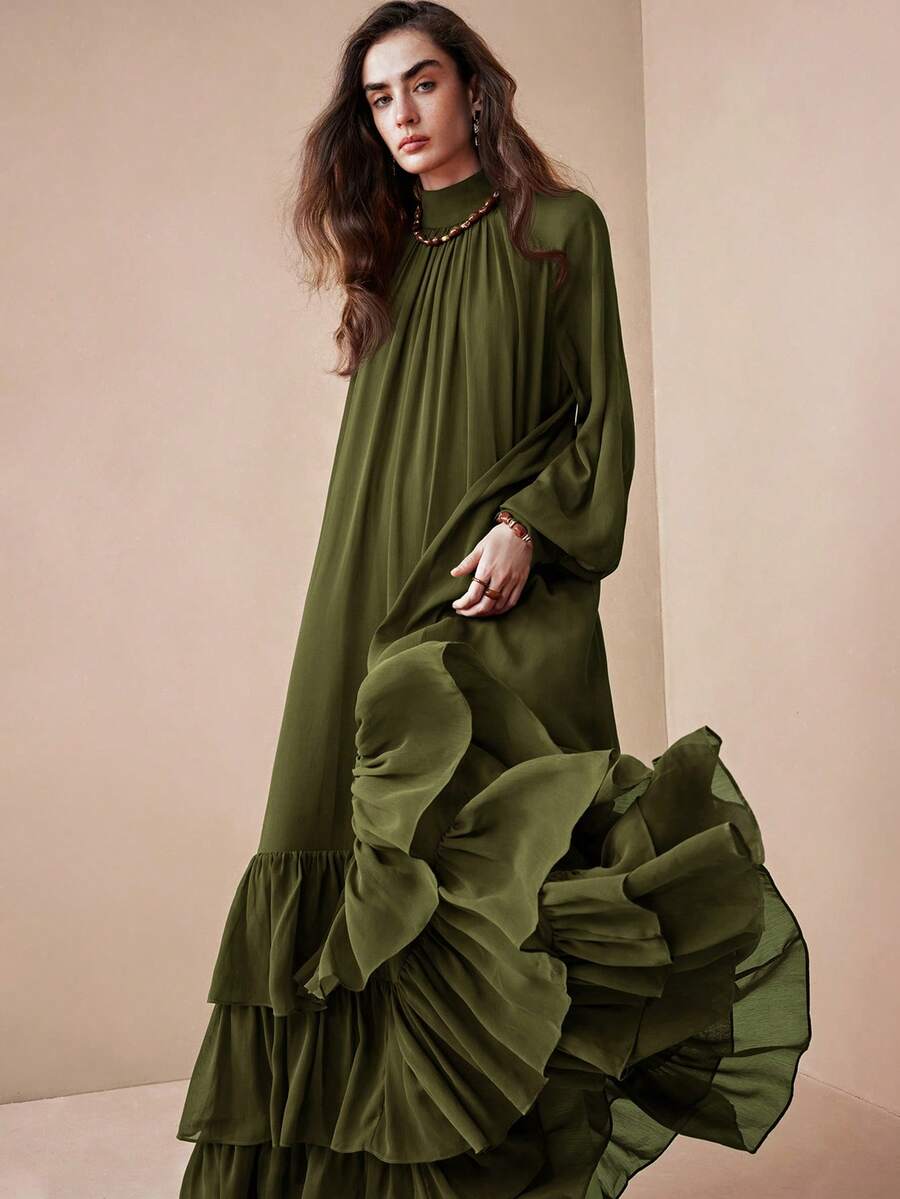 Arave 女士优雅宽松长款雪纺连衣裙，立领设计，层叠荷叶边下摆，适合约会穿着 - 軍綠色 - 查看 1