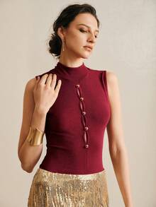 SHEIN LUNE Casual Women's Regular Length Sleeveless Top Featuring Stand Collar And Gold Button Front Tops For Women Elegant Classy High Neck Tops For Women - Red - View 6
