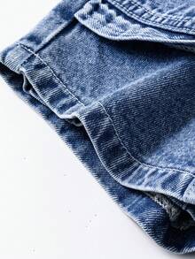 年轻女孩新款休闲时尚可爱荷叶边口袋设计水洗牛仔短裤 - 藍色 - 查看 7