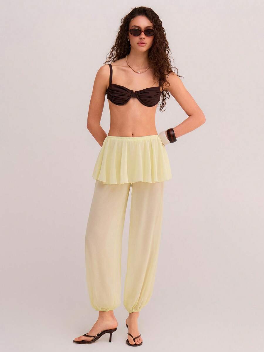 Athîral 女士纯色弹力腰休闲裤 - 淡黃色 - 查看 1