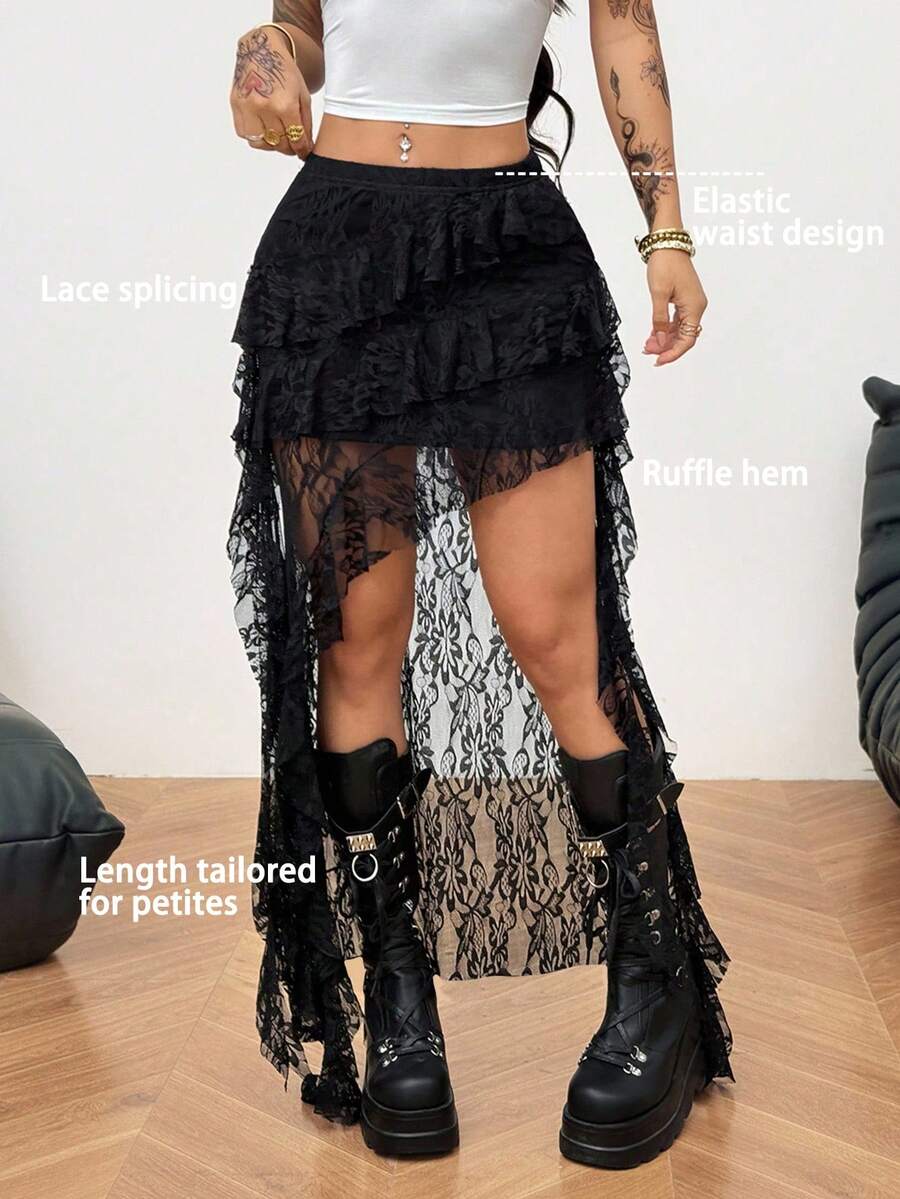 SHEIN Coolane Petite Váy maxi xếp tầng, cạp chun co giãn, thiết kế bất đối xứng, phối ren tương phản, dáng suông, thích hợp cho nữ dáng nhỏ nhắn, giúp kéo dài đôi chân. - màu đen - Xem 1