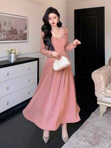 DAZY Spring & Summer Pink Lace Dress, Elegant For Valentine's Day, Wedding, Party, Banquet, Fashion Event. Slim Fit, Sheer Mesh Patchwork, High Waist, Flared Dress For Women Sundress - Watermelon Pink - View 4