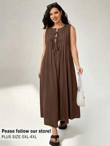 Auralis 大码纯色圆领扭结休闲无袖连衣裙 - 咖啡棕 - 查看 1