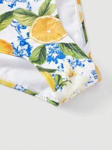 SHEIN MOD 女士柠檬印花露背连体泳衣配蓝色裙子泳衣套装 - 藍色 - 查看 7