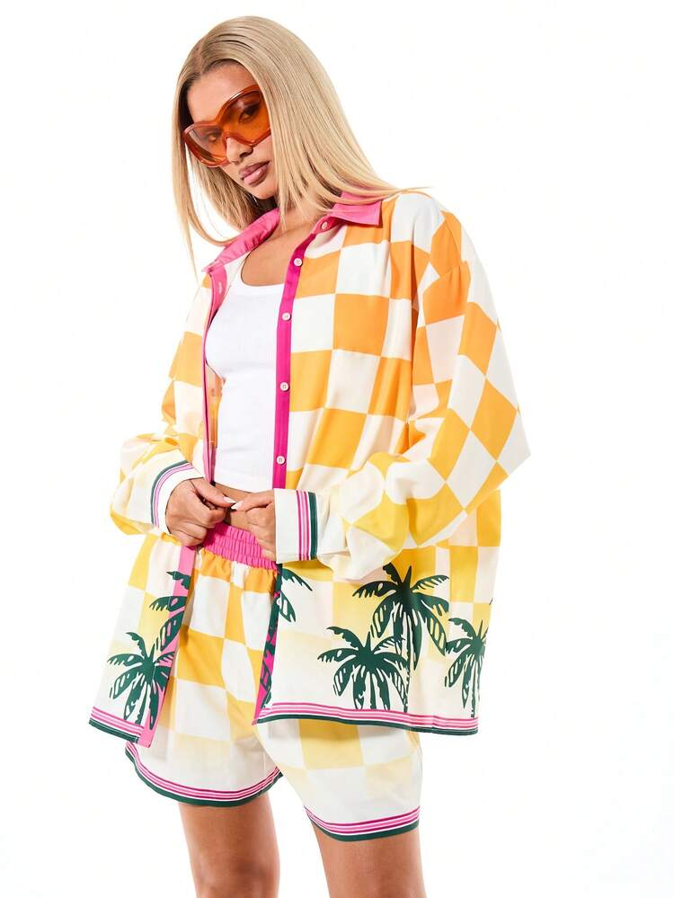 SUMWON WOMEN Checkered Beach Shirt With Tropical Print
