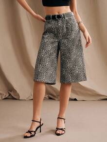 Anewsta Heavily Embellished Rhinestone Leopard Print Midi Shorts - Black - View 6