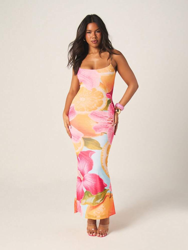 MISSGUIDED Robe longue d'été à bretelles avec imprimé floral tropical pour femmes. Robe de plage, de vacances, moulante, sans manches, pour soirée et fête.