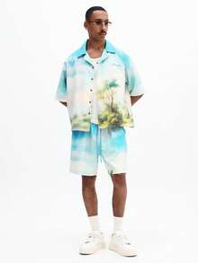 SUMWON Oversized Boxy Button Up Short Sleeve Shirt And Matching Elastic Waist Shorts Summer Co-Ord Set With Landscape Print - Multicolor - View 7