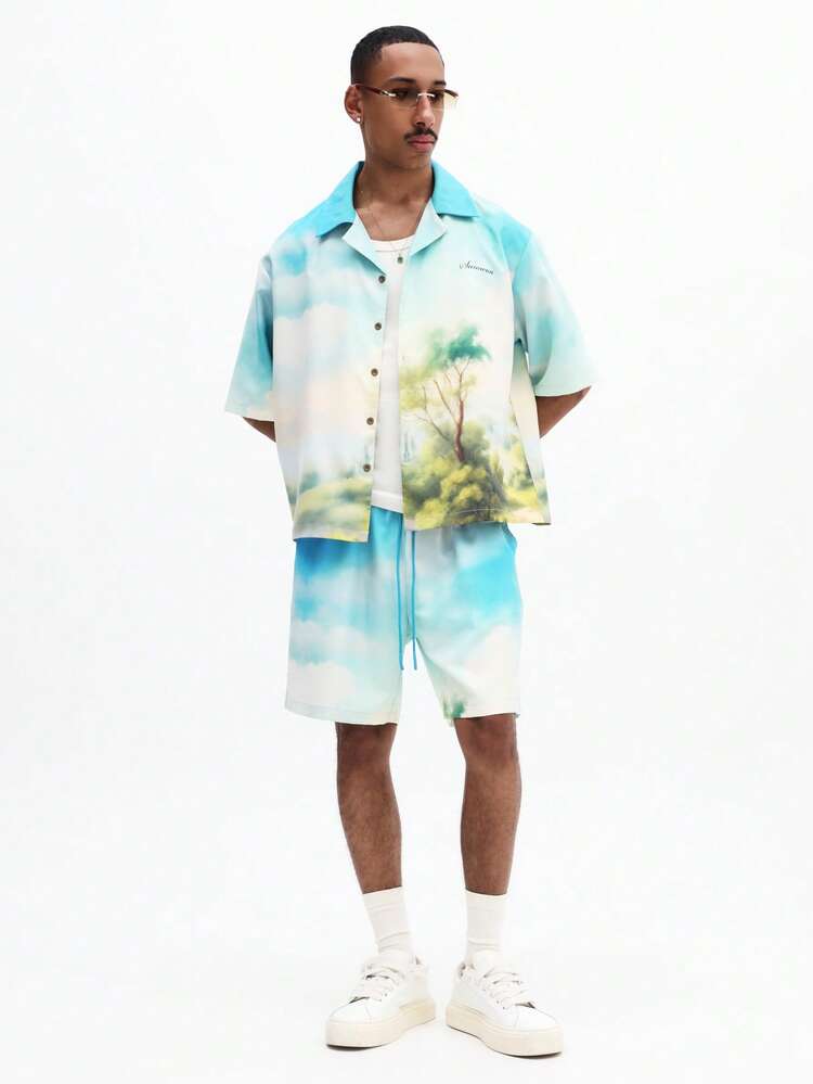 Luźny, pudełkowy zestaw z krótkim rękawem i szortami z elastyczną talią, z nadrukiem krajobrazowym, w komplecie na lato