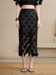 Arave 女士蕾丝高腰修身不对称下摆蕾丝半身裙，优雅约会之选 - 黑色 - 查看 7