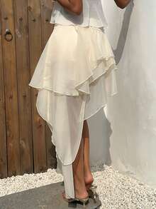 Aloruh Chân váy xếp tầng bất đối xứng màu mơ mùa hè mới dành cho nữ, thanh lịch, gợi cảm, tinh khiết, dịu dàng, thời trang, thuộc dòng sản phẩm nghệ thuật, thích hợp cho đám cưới, tiệc tùng, dạo phố. - Màu be - Xem 2