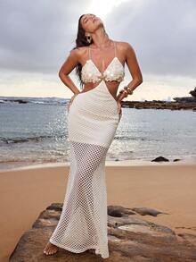 Opulessa Women's Hollow-Out Knit Dress, Suitable For Spring/Summer Vacation - Apricot - View 7