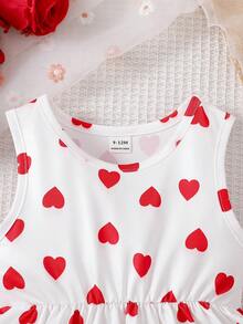 SHEIN Playful Pals Baby Girl Heart Print Round Neck Casual Sleeveless Dress - White - View 4