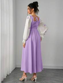 Momance 荷叶边灯笼袖孕妇连衣裙，蝴蝶结装饰方领，后背褶皱蝴蝶结系带，A字型长裙 - 淡紫色 - 查看 2