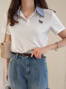 FRIFUL 女士夏季休闲独角兽刺绣撞色Polo领短袖T恤 - 白色 - 查看 3