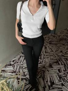 DAZY Damen Einfarbiges Slim Fit Kurzarm Poloshirt Leichter Lässig Sommer Strick Top - Weiss - Übersicht 5
