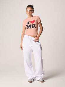 MISSGUIDED 我爱我自己图案露脐短袖T恤，传递自爱和积极能量，女士T恤 - 粉色 - 查看 3