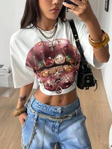 Coolane Áo thun crop nữ size lớn phong cách đường phố vintage Y2K hip-hop casual mặc hàng ngày đi chơi xuân hè in hình môi - trắng - Xem 5