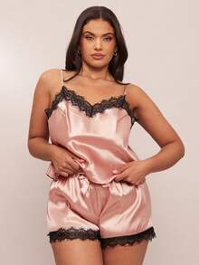 SHEIN BAE Plus Size Faux Silk Lace Trim Cami Top And Shorts Pajama Set Satin Pajama Set Lace Trim Pajama Set Satin Sleepwear Set Lingerie Pajama Set Lace Pajama Set Lace Pj Set Lingerie Sleep Set Babydoll Pajama Set - Dusty Pink - View 6
