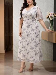 Modelyn 大码优雅印花V领系腰连衣裙，夏季 - 彩色 - 查看 4