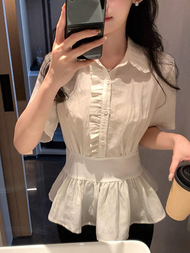 Women's Ruffle Trim Short Sleeve French Blouse, Waist Cinched Slimming Ethereal White Shirt For Summer