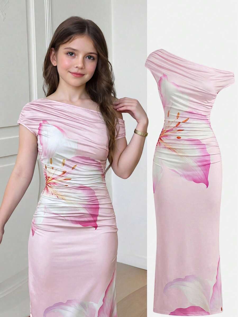 SHEIN Robe moulante en tricot maxi à taille froncée et épaule asymétrique, élégante et décontractée. Convient pour les fêtes d'Halloween, la rentrée scolaire, les rassemblements. Couleur bordeaux.