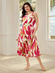 MOTF PREMIUM PLUS SIZE FLORAL PRINT ASYMMETRICAL NECK DRESS, SPRING/SUMMER - Multicolor - View 7