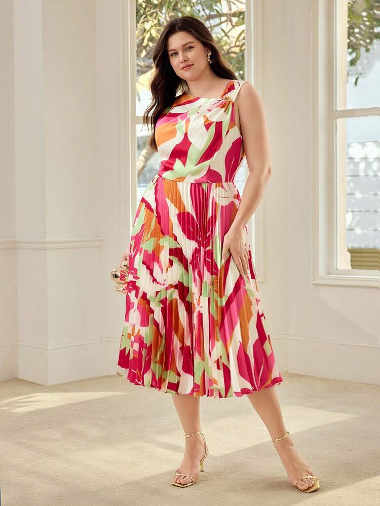 PLUS SIZE FLORAL PRINT ASYMMETRICAL NECK DRESS, SPRING/SUMMER
