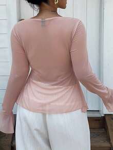 Dazy Plus Mesh Flare Sleeve Tie Front Vacation Style Plus Size Women Top, Spring/Summer - Baby Pink - View 4