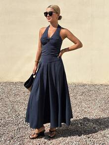 DAZY Women's Elegant Sexy Navy Blue And White V-Neck Bow Tie Camisole And A-Line Skirt 2-Piece Set, Summer Lounge Vacation - Navy Blue - View 6
