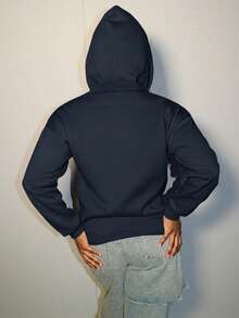 Steph T 女士简约印花连帽长袖运动衫，女士春/秋季休闲抽绳口袋长袖连帽常规版型常规深灰色落肩套头衫女士连帽衫，长袖上衣 - 深灰色 - 查看 2