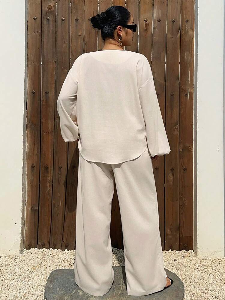 Dazy Plus Spring & Summer Floral Embroidery Pattern Casual Bohemian Vacation Beach Pullover Top & Straight Leg Pants 2-Piece Set, Plus Size Lounge Sets For Women