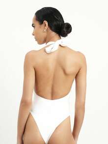KSTM Deep V Neck Halter One Piece Swimsuit With Belt Detail And Open Back Design For Beach Vacation Summer Resort Wear - White - View 2