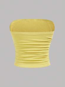 SHEIN Girlism Top tubo casual con fruncido y bloques de color de punto para adolescentes - Amarillo - Ver 2