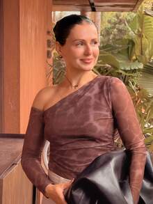 Kuleshova 女士时尚豹纹网眼露肩长袖紧身衣 - 咖啡棕 - 查看 4