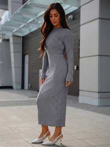 SAYEHFBABY Solid Ribbed Knit Bodycon Black Dress - Dark Grey - View 4