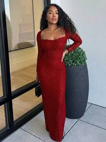 Alexandranx Women's New Autumn/Winter Party Date Night Sexy S-Shaped Lace Long Sleeve Bra Cup Fishbone Square Neck Bodycon Dress, Black,Summer Dresses For Women - Burgundy - View 3