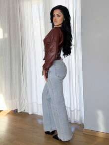 Vassilux Wine Red Street Style Long Sleeve Leather Jacket,Leather Jacket,Burgundy ,Punk,,Fall Clothes For Women,Winter,Cropped Jacket,Streetwear, - Burgundy - View 5