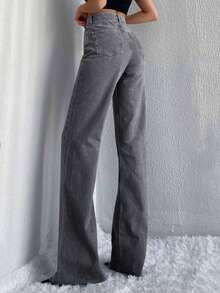 SHEIN Tall 100% 纯棉高腰原边阔腿牛仔裤 - 深灰色 - 查看 2