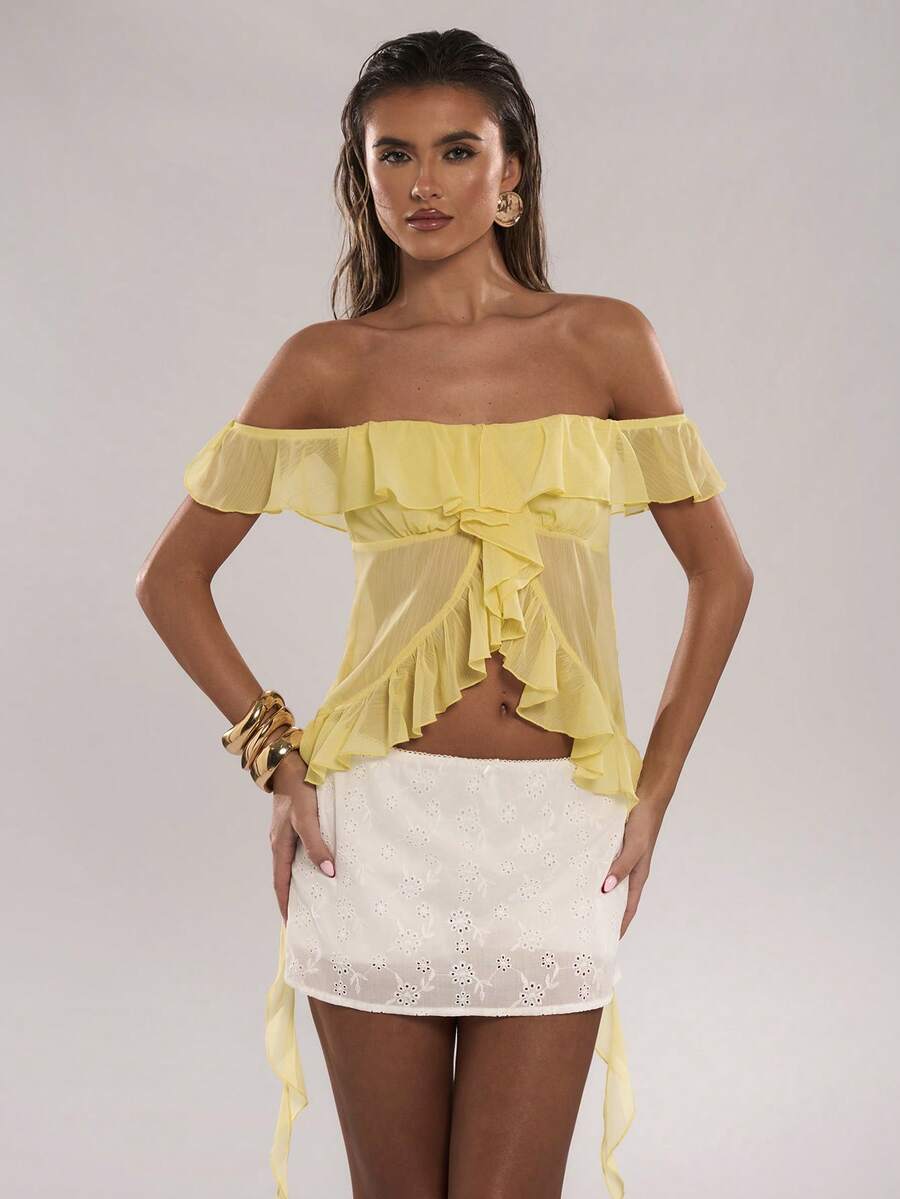 SHEIN BAE Women's Asymmetric Ruffle Hem Off Shoulder Long Sleeve Blouse, Romantic Yellow Sleeveless Shirt For Spring/Summer, Vacation, Valentine's Day, Sweet, Commuting, Princess, Birthday, Bridesmaid Mini Dress - Yellow - View 1