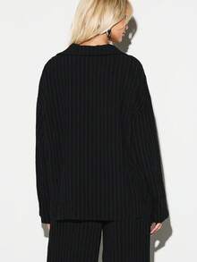 KIZN Ribbed Knit Long Sleeve V Neck Collared Button Up Blouse With Textured Stripe Detail Fall Winter Casual - Black - View 2