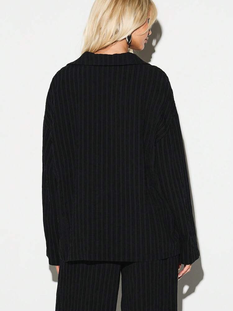 KIZN Blusa de Botão com Gola V de Manga Longa, Tricô Canelado com Detalhe de Listras Texturizadas, Casual para Outono e Inverno