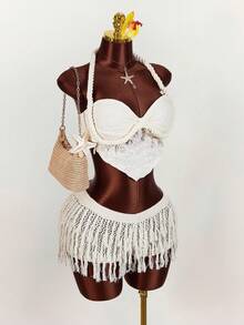 Amplova 2026新款V腰流苏针织迷你裙，性感前卫风格，适合音乐节等场合，百搭单品 - 杏色 - 查看 1