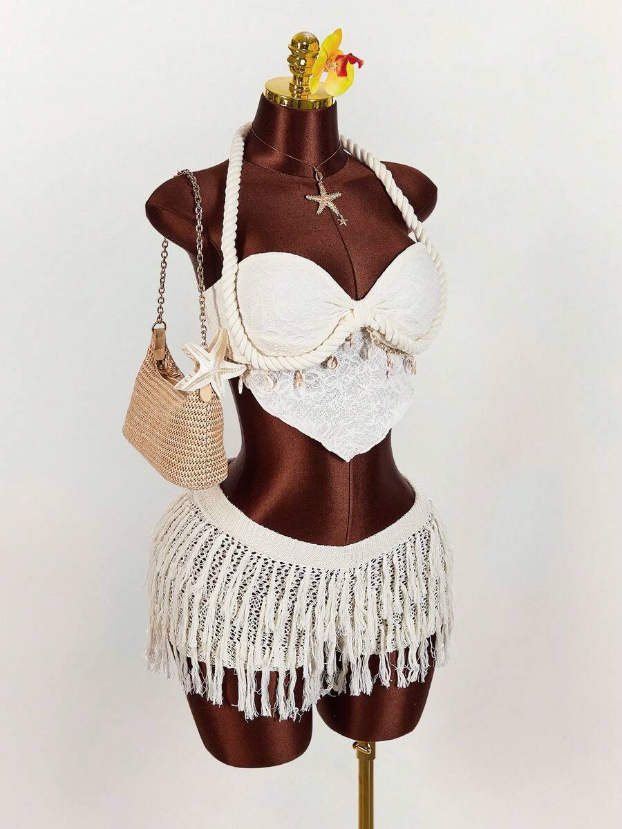 Amplova 2026新款V腰流苏针织迷你裙，性感前卫风格，适合音乐节等场合，百搭单品 - 杏色 - 查看 1