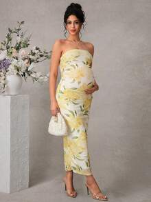 SHEIN 印花开衩长款孕妇连衣裙，优雅 - 黃色 - 查看 6