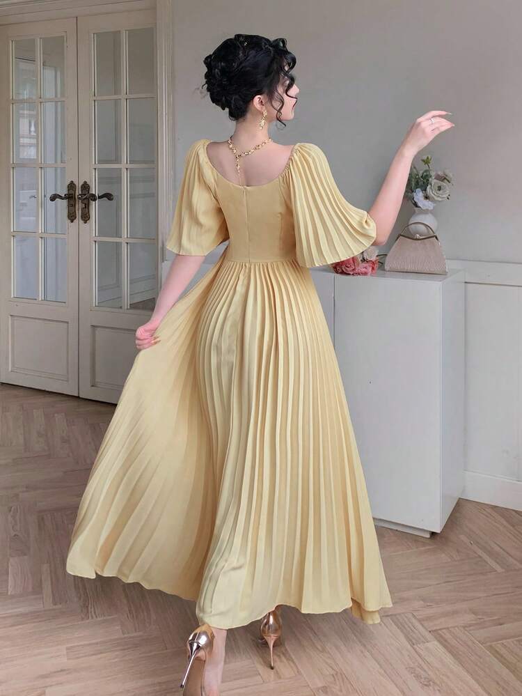Women's Elegant Solid Color Square Neck Pleated Midi Dress, Summer,Wedding Guest Dress Women Sundress